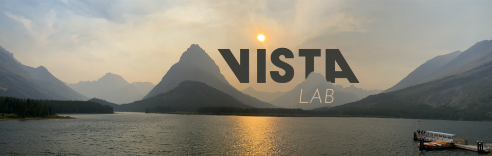 VISTA Lab name hovering over mountains in background with lake and boat dock in foreground